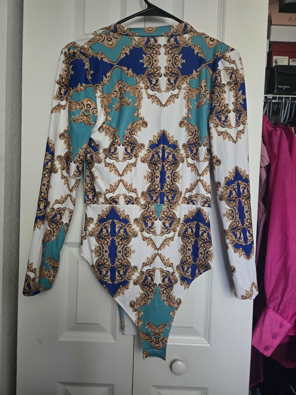 Long Sleeve Printed Bodysuit in White, Blue & Teal